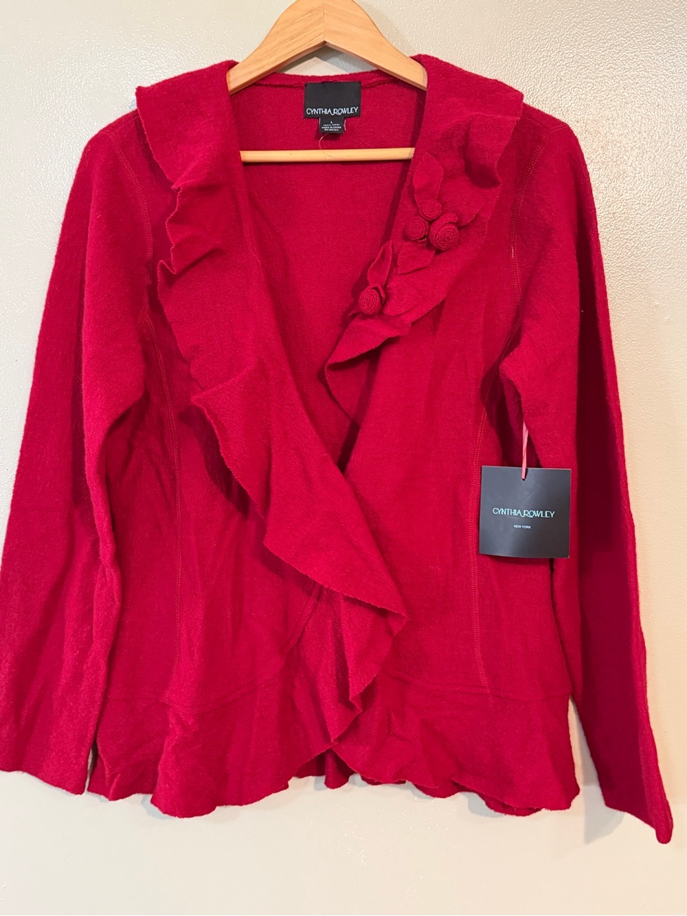 Cynthia Rowley Bright Red Ruffle-Trim Open Cardigan jacket 100% Wool Preppy L